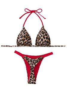 lot 14284 image: Floerns Womenfts 2 Piece Cheetah Print Bikini Set Halter String High Waist Thong Bathing Suits Red Multi Medium