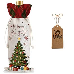 lot 14285 image: Julont 1Pcs Christmas Tree Wine Bags Christmas Gift Bag, Wine Bottle Bags Merry Xmas Bottle Covers for Merry Christmas,Holiday Party,Storage with 1Pcs Kraft Blessing Cards and natural jute rope