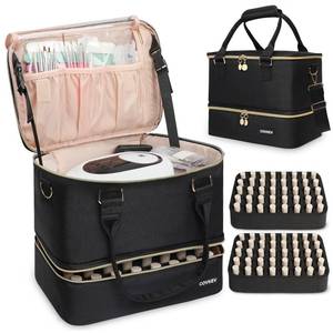 lot 15836 image: Covkev Nail Polish Organizer Hold 80 Bottles (15ml0.5 fl.oz)and Nail Lamp, Double Layer Nail Bag Organizer Case with Handle, Large Nail Suppliesand Kit Storage Case for Women Travel (Blackand Golden)