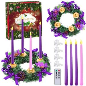 lot 15843 image: Fovths 12 Inch Christmas Advent Wreath Advent Candle Holder with 4 Flameless Taper Candles Remote Control Christmas Centerpiece Decorations for Christmas Home Church, Purple