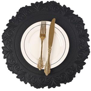 lot 15863 image: Noctiflorous Round Faux Leather 15 Inch Placemats Set of 6 Waterproof Wipeable Heat Resistant Tablemat for Dining Table Kitchen Non Slip Washable Oilproof Table Place Mat for Indoor Outdoor(Black, 6)