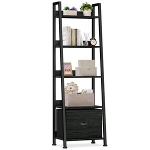lot 15882 image: Furologee 5-Tier Ladder Shelf, Narrow Ladder Bookshelf with Drawer, 55.6�Tall Industrial Bookcase Storage Rack Organizer, Freestanding Storage Shelve for Living Room, Home Office, Bedroom, Black Oak