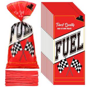 lot 20383 image: Teling 100 Pcs Race Car Fuel Can Popcorn Treat Bags Racing Car Cellophane Candy Cookie Snacks Bags with Twist Checkered Flag Themed Decorations Birthday Party Supplies