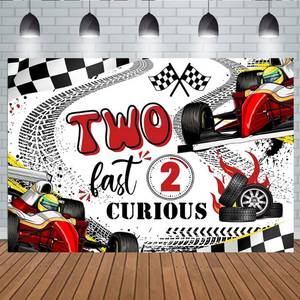 lot 20385 image: Aperturee 5x3ft Red Race Car Happy Birthday Backdrop Two Fast 2nd Birthday Decorations Exciting Game Checkered Flag Racing Party Photo Background for Boys Kids Birthday Party Supplies