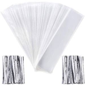 lot 20387 image: Pangda 200 Pcs Pretzel Bags 2 x 10 Inches Clear Pretzel Individual Rod Cellophane Rectangle Plastic Treat Bags for Chocolate Candies Cookies with 200 Pieces Twist Ties(Silver Ties)
