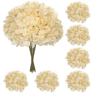 lot 15890 image: Hollyone 6 Pcs Beige Hydrangea Artificial Flowers Heads with Stems Silk Faux Hydrangea Champagne Fake Flowers for Home Indoor Outdoor DIY Floral Wedding Flower Bouquets Kitchen Table Centerpiece Decor