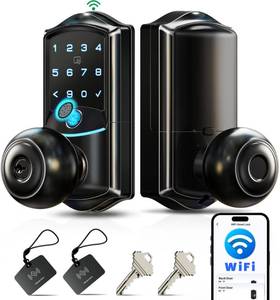 lot 15935 image: Veise VE028 Built-in Wi-Fi Smart Lock with Knob, Fingerprint Keyless Entry with Handle, App Remote and Voice Control, Electronic Digital Keypad for Front Door and Bedroom, IP65 Waterproof, Matte Black