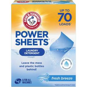 lot 16316 image: ARM and HAMMER Power Sheets Laundry Detergent, Fresh Breeze Scent, No Mess, Lightweight and Travel-Friendly, 35 Count, Up to 70 Small Loads
