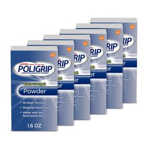 lot 16424 image: Super Poligrip Extra Strength Denture Adhesive Powder, Denture Powder for Dentures - 1.6 Ounces (Pack of 6)