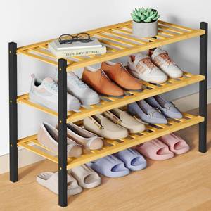 lot 19359 image: Smiry Bamboo Shoe Rack for Closet, 3 Tier Wooden Stackable Shoe Organizer, Free Standing Shoes Storage Shelf for Entryway, Front Door Entrance, Natural and Black
