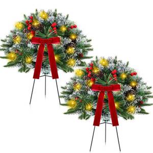 lot 19373 image: 2 Pack 18 Lighted Outdoor Christmas Urn Filler with Remote and Timer, 60 LEDs Pre-lit Snowy Artificial Xmas Tree Planter Insert, Velvet Bows for Front Porch, Yard Decor(Red)in