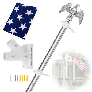 lot 19381 image: CQ Garden Flag Pole for Outside House, 6 FT Flag Pole Kit for Outdoor with Holder, 3x5 US Flag and Eagle Topper, Stainless Steel House Flag Pole for Porch (Silver)