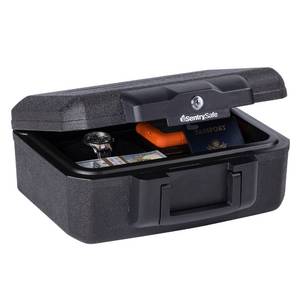 lot 19424 image: SentrySafe Fireproof Money Safe with Key Lock, Black Lock Box with Portable Carrying Handle for Travel, Exterior 14.3 in. W x 11.2 in. D x 6.1 in H, 1200