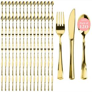 lot 19434 image: Prestee 120 Cutlery Set - Gold Plastic Silverware Set of 40 Forks, 40 Spoons, 40 Knives - Heavy Duty Plastic Utensils and Disposable Flatware - Elegant Knives Spoons and Forks Set for Events