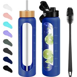 lot 19438 image: FULBEVY 32 oz Glass Water Bottles - 1 Liter Motivational Tumbler Water Bottle Time Marker - Borosilicate Glass Water Bottle With Silicone Sleeve and 2 Lids, Handle Spout and Bamboo Straw Lid