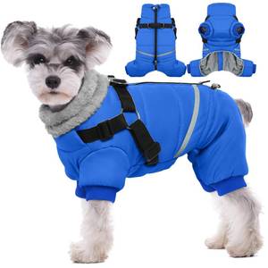 lot 20355 image: BRKURLEG Blue Dog Winter Coat, Cozy Winter Dog Jackets, Small Dogs Coat with Harness, Onesie Body Warm Puppy Christmas Jacket, Pet Reflective Cold Weather Jackets, Puppy Four-Legged Puffer Coats, M