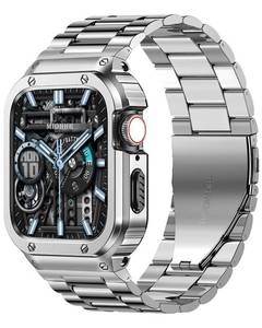 lot 20363 image: MioHHR Stainless Steel Band and Case Compatible with Apple Watch Band 44mm 42mm (Series 321), Men Metal Protective Bumper Cover for iWatch Series 654321SESE2SE3, Silver