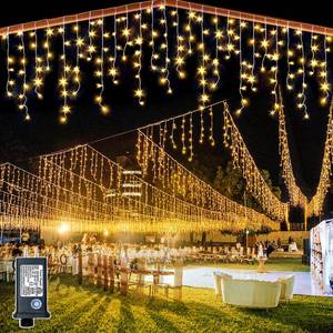 lot 15901 image: 132ft Icicle Lights for Outside - 1280 LED Warm White Twinkle Lights with 240 Drops, 8 Modes Plug in Waterproof Timer Memory. Cannot be Extended. The Plug is in the Middle (66ft66ft)