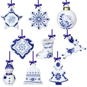 lot 16327 image: Funtery 9 Pieces Blue and White Porcelain Ornaments Chinoiserie Fall Pumpkin Decor Hanging Pendant Christmas Decor Ceramic Christmas Tree Ornaments for Christmas Autumn Decoration (Cute Style)