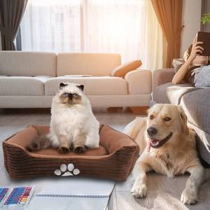 lot 19371 image: Long Rich HCT REC-005 Reversible Rectangle Pet Bed with Dog Paw Printing, Coffee, By Happycare Textiles, 25 by 21 inches