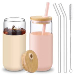 lot 19378 image: VITEVER 20 OZ Glass Cups with Bamboo Lids and Straws - Beer Can Drinking Glasses with Silicone Protective Sleeve Set, Iced Coffee Glasses, Cute Tumbler Cup for Water, Tea, Gift - Pink, Amber