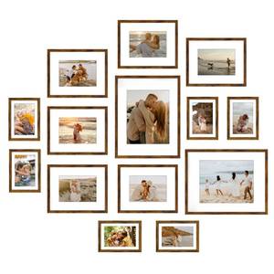 lot 19384 image: Giftgarden 14 Pack Brown Picture Frames with Mat for Various Sizes Photos, Assorted Matted Frame Set Including Two 11x14, Six 8x10, Six 5x7, Gallery Frame Collage for Wall or Tabletop Display