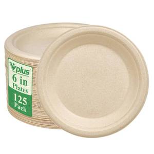 lot 19407 image: Vplus 125 Pack 6 inch Paper Plates 100percent Compostable, Heavy-Duty Disposable Paper Plates Bagasse Natural Biodegradable Eco-Friendly Sugarcane(Nature)