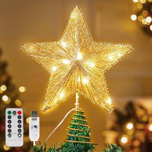 lot 19419 image: Joiedomi 9.5 Golden Christmas Star Tree Topper Radial Design, Metal Treetop Decorations with 20 LED Warm White, USB Powered Remote Control for Home Holiday Xmas Party Indoor Decorin