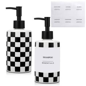 lot 19421 image: 2 Pack Checkered Bathroom Soap Dispenser with 6 Waterproof Labels Ceramic Hand and Dish Soap Dispenser Set Christmas Black White Buffalo Plaid 10 oz Refillable Bottle Container Bathroom Kitchen Decor