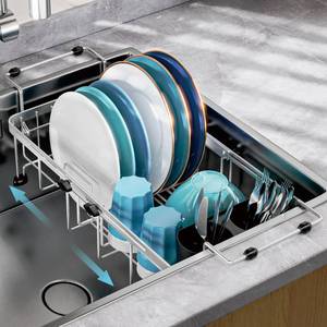 lot 19439 image: GSlife Small Sink Dish Drying Rack - Expandable Stainless Steel Compact Dish Drainer for RV, Camper, Kitchen, Dish Strainer with Locking Knob, Arms with Non Slip Rubber, 9 W x 11.9in-16.7in, Silverin