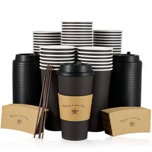 lot 19443 image: LITOPAK 50 Pack 20 oz Paper Coffee Cups for Hot Chocolate Drinks, Black Disposable Coffee Cups with Lids, Sleeves and Stirring Sticks for Parties, Picnic, Travel, and Events