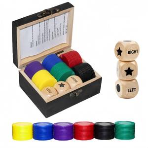 lot 20337 image: Aikgidtt Left Right Roll Dice Game Set - 3 Wooden Dice and 72 Chips in Wooden Box  Portable Travel Party Game for Family, Friends, Adults (Black)