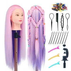 lot 3417 image: Eumos Mannequin Head with Hair, 29 Doll Head for Hair Styling Training Head Manikin Practice Cosmetology Doll Head Styling Hairdressing Training Braiding Heads with Clamp Holder (Pink Purple)