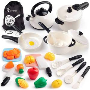 lot 3423 image: D-FantiX Kids Pretend Play Kitchen Accessories Set, Toddlers Pots and Pans Cookware Playset, Kids Cooking Toys with Utensils, Knife, Cutting Food Kitchen Playset for Girls and Boys Age 2 3 4 5 6 7