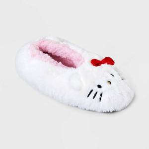 lot 4097 image: Womens Faux plush Hello Kitty Slipper Socks with Grippers - White SM Cushioned Footbed, Machine Washable