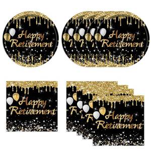 lot 6438 image: HiEnjoin 40PCS Retirement Party Plates Napkins Set, Black and Gold Happy Retirement Cake Plates Dinnerware 20 Guests Disposable Party Supplies Decoration for Women Men