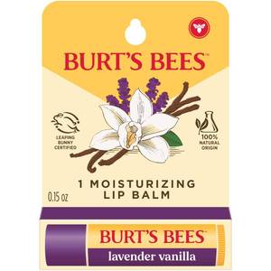 lot 6439 image: Burt��s Bees Lavender Vanilla Moisturizing Lip Balm, Flavorful Lip Balm Provides 12 Hour Moisture, 100% Natural Origin, Responsibly Sourced Beeswax, 0.15 Ounce Tube