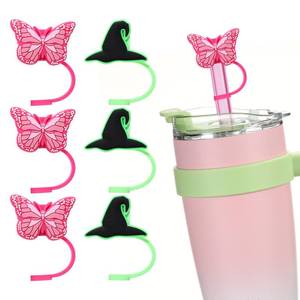 lot 6441 image: Honeydak 6pcs Wizard Themed Straw Cover Cap,10mm Reusable Drinking Tumbler Straw Topper Accessories,Wizard Hat and Butterfly Shapes for Witch Themed Birthday Party Supplies and Favor