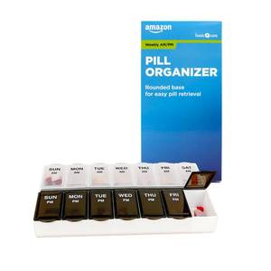 lot 6445 image: Amazon Basic Care (7-Day) AMPM Pill Organizer, Vitamin Case, And Medicine Box, Large Compartments, 2 Times a Day, Black and Clear Lids