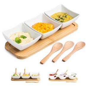 lot 6450 image: Miamolo Chip and Dip Serving Set, Ceramic Dipping Sauce Bowls Appetizer Serving Tray with Wooden Spoons, Dip Bowl for BBQ Condiment Snacks