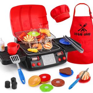 Kids Grill Playset Kitchen Toys with Apron Hat for Cooking Food Smoke Light Outdoor Pretend Play Accessories BBQ Outside Camping Barbecue Toddler Boy Toy 3 4 5 Year Old 4-8 Birthday Gift Valentine
