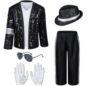 lot 6452 image: Dance Star Kids Costume for Boys 80s 90s Pop Stage Cosplay Party Halloween Role Play Black 8-10 Years size XL