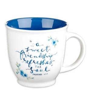 lot 6496 image: Christian Art Gifts Blue Floral Ceramic Coffee Mug �� 14 oz. Microwave and Dishwasher-safe Inspirational Scripture Coffee and Tea Mug for Friends with Bible Verse A Sweet Friendship �� Proverbs 279