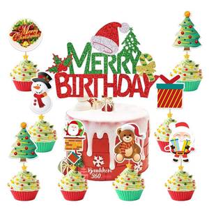 lot 14208 image: 43 Pcs Christmas Cake Topper Glitter Merry Christmas Cake Decorations Santa Claus Snowman Socks Cupcake Decorations for Boys Girls, Xmas Birthday Sign Birthday Decor Party Decor Party Supplies