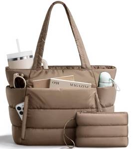 lot 14223 image: Bagstellar Puffer Tote Bag for Women, Lightweight Puffy Work Handbag Teacher Nurse Quilted Shoulder Bag for School Travel Gym