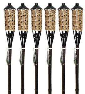 lot 3382 image: Patio Essentials 60.04 Woven Rope Bamboo Outdoor Torch Natural WoodBlack ONLY FIVE OF THEM - Two of them are missing the tops.