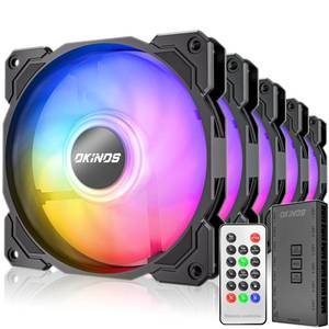 lot 13527 image: Okinos RGB Fans 5 Pack, 4-Pin PWM & 3-Pin Addressable RGB, 120mm Air Series Fans (Included ARGB Controller Hub & Remote)