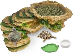 lot 13541 image: Hamiledyi Turtles Basking Platform 3Pcs Resin Bearded Dragons Climbing Step Ramp Tortoise Resting Dock Rock Hideout with Feeder Bowls for Reptile Lizards Chameleons Geckos Frogs Newts Snakes