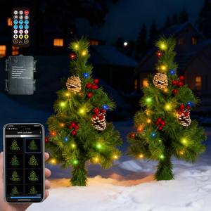 lot 13573 image: 2 Pack Pre-lit Christmas Tree with Remote, Battery Operated with Timer, Smart Multi-Color & Warm White Lights, Music Sync, Artificial Christmas Tree for Outdoor Porch, Urn Filler, Xmas Decor