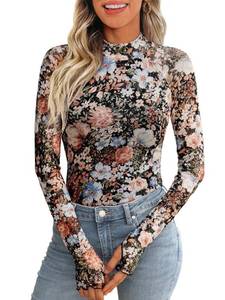 lot 14229 image: Womens Lace Mesh Top Long Sleeve Mock Neck Undershirt Sheer Blouse See Through Undershirt Party Layering Tops